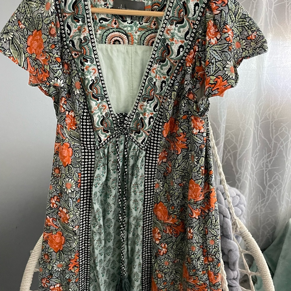 Anthropologie Green and Orange Patterned Dress